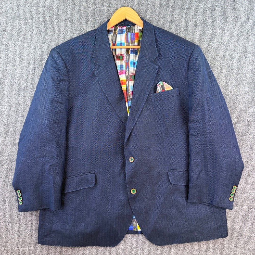 Robert Graham Blazer Mens 52R Blue Herringbone Linen Blend Campbell Lined